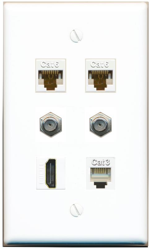  2 CAT6 2 COAX HDMI PHONE Flat/Solid Wall Plate [White]