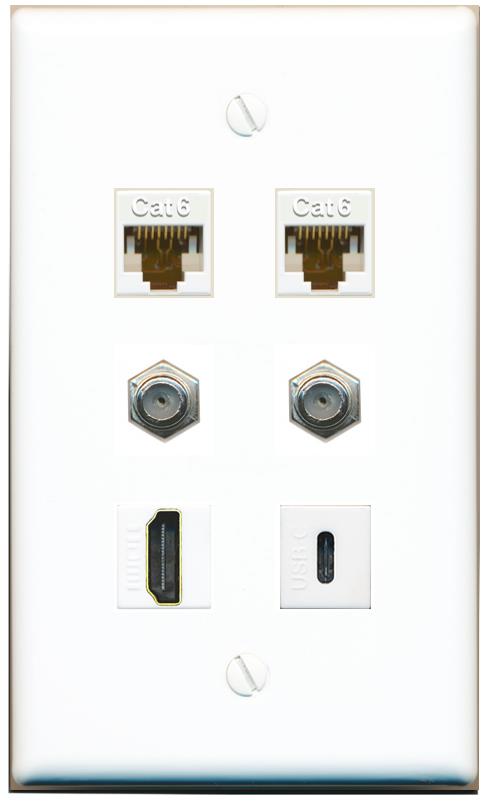  2 CAT6 2 COAX HDMI USBC Flat/Solid Wall Plate [White]