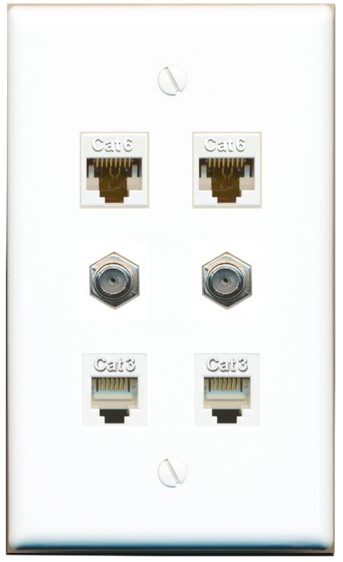  2 CAT6 2 COAX 2 PHONE Flat/Solid Wall Plate [White]
