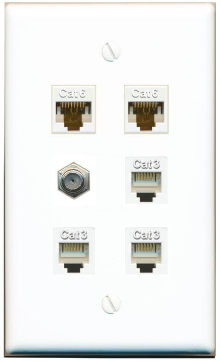  2 CAT6 COAX 3 PHONE Flat/Solid Wall Plate [White]