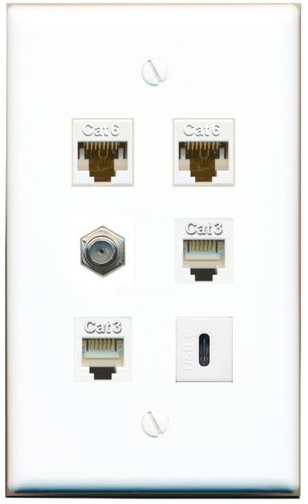  2 CAT6 COAX 2 PHONE USBC Flat/Solid Wall Plate [White]