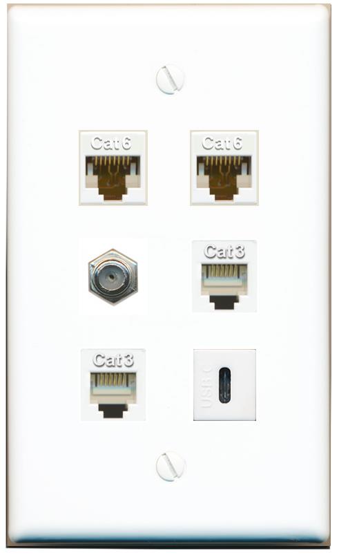  2 CAT6 COAX 2 PHONE USBC Flat/Solid Wall Plate [White]