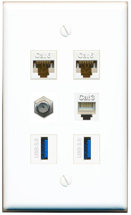  2 CAT6 COAX PHONE 2 USB-3 Flat/Solid Wall Plate [White]