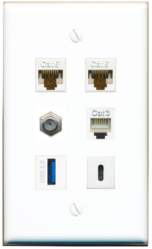  2 CAT6 COAX PHONE USB-3 USBC Flat/Solid Wall Plate [White]