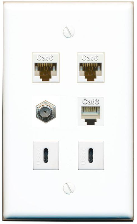  2 CAT6 COAX PHONE 2 USBC Flat/Solid Wall Plate [White]