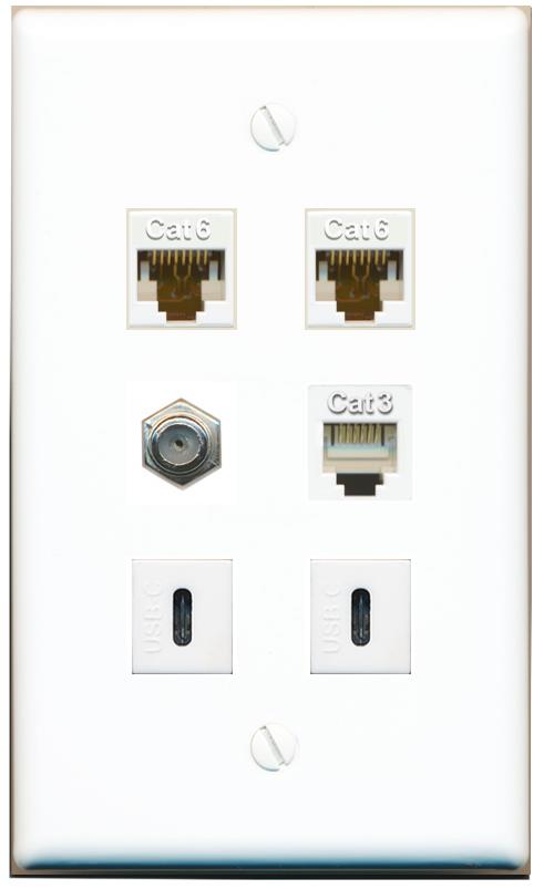  2 CAT6 COAX PHONE 2 USBC Flat/Solid Wall Plate [White]