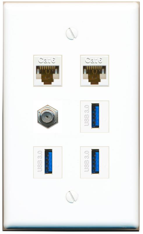  2 CAT6 COAX 3 USB-3 Flat/Solid Wall Plate [White]