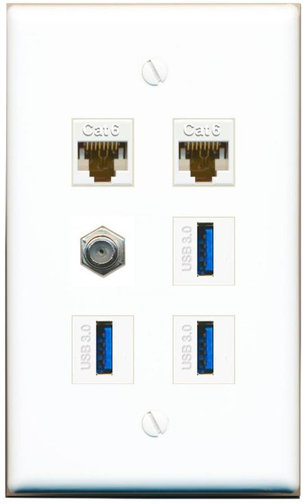  2 CAT6 COAX 3 USB-3 Flat/Solid Wall Plate [White]