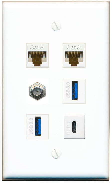  2 CAT6 COAX 2 USB-3 USBC Flat/Solid Wall Plate [White]