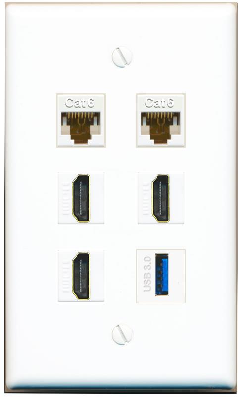  2 CAT6 3 HDMI USB-3 Flat/Solid Wall Plate [White]
