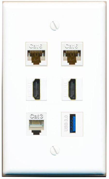  2 CAT6 2 HDMI PHONE USB-3 Flat/Solid Wall Plate [White]