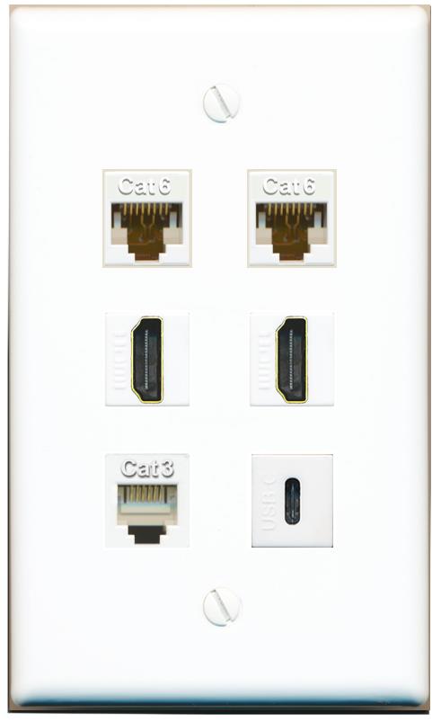  2 CAT6 2 HDMI PHONE USBC Flat/Solid Wall Plate [White]