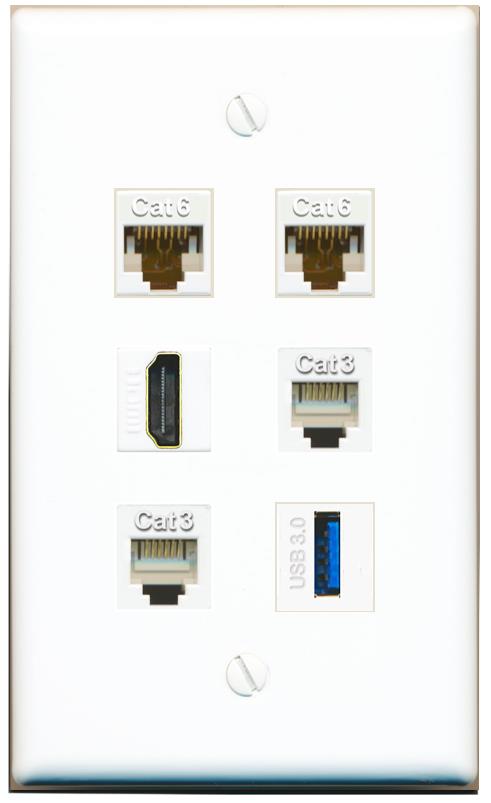  2 CAT6 HDMI 2 PHONE USB-3 Flat/Solid Wall Plate [White]