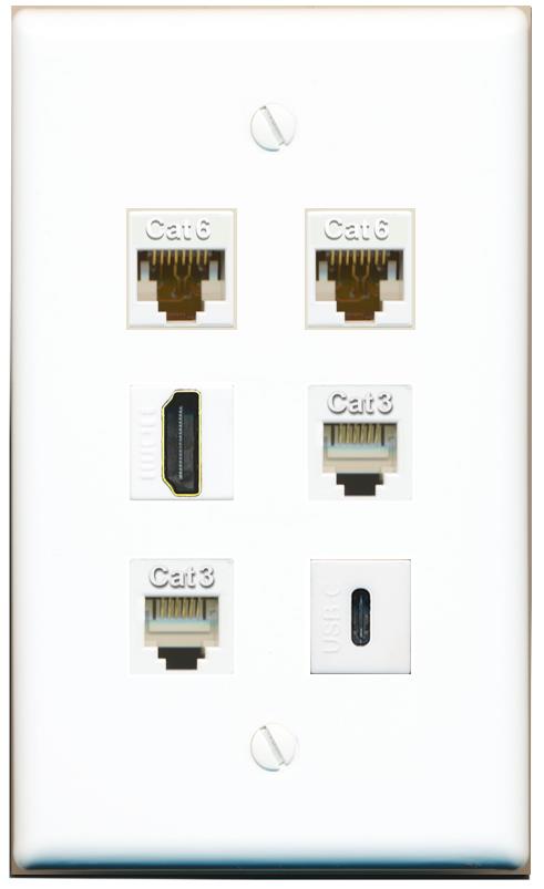  2 CAT6 HDMI 2 PHONE USBC Flat/Solid Wall Plate [White]