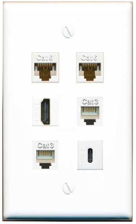  2 CAT6 HDMI 2 PHONE USBC Flat/Solid Wall Plate [White]