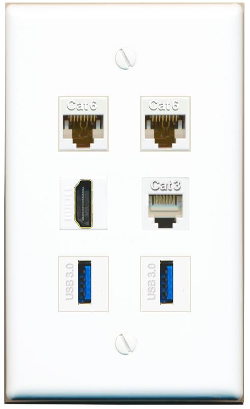  2 CAT6 HDMI PHONE 2 USB-3 Flat/Solid Wall Plate [White]