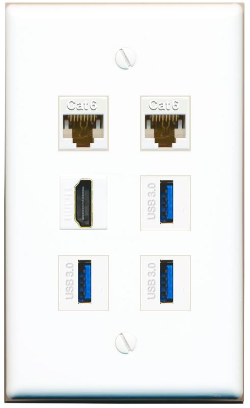  2 CAT6 HDMI 3 USB-3 Flat/Solid Wall Plate [White]