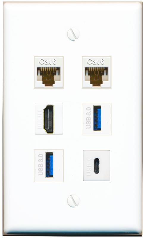  2 CAT6 HDMI 2 USB-3 USBC Flat/Solid Wall Plate [White]