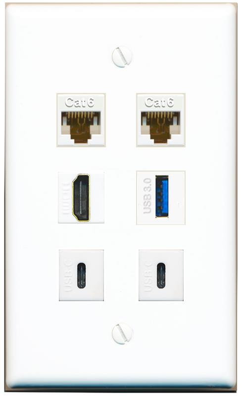  2 CAT6 HDMI USB-3 2 USBC Flat/Solid Wall Plate [White]