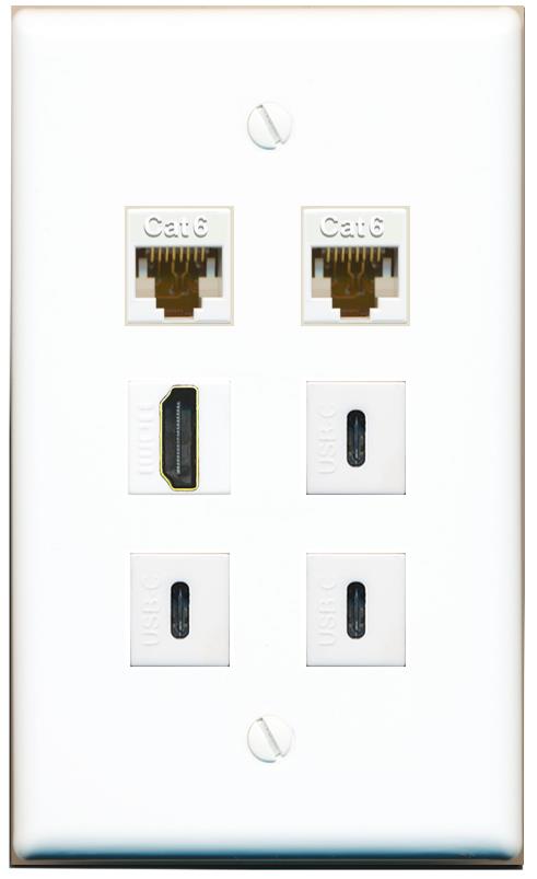  2 CAT6 HDMI 3 USBC Flat/Solid Wall Plate [White]