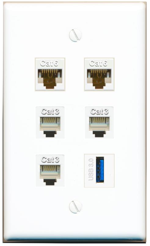  2 CAT6 3 PHONE USB-3 Flat/Solid Wall Plate [White]