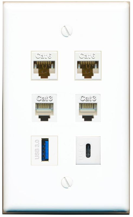  2 CAT6 2 PHONE USB-3 USBC Flat/Solid Wall Plate [White]