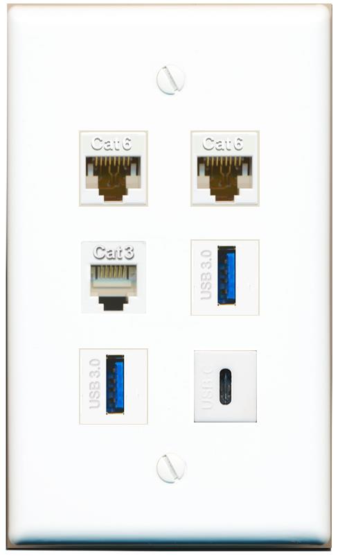  2 CAT6 PHONE 2 USB-3 USBC Flat/Solid Wall Plate [White]