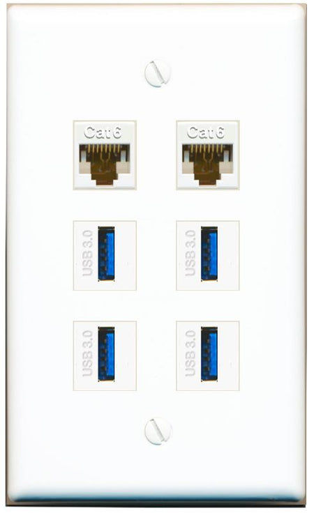  2 CAT6 4 USB-3 Flat/Solid Wall Plate [White]