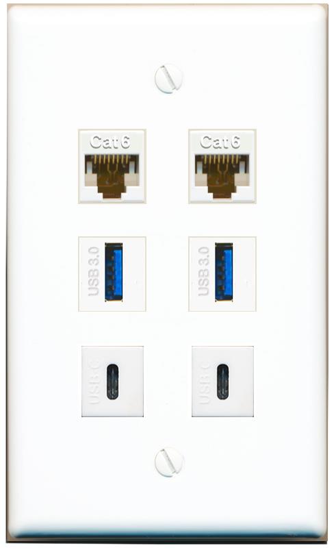  2 CAT6 2 USB-3 2 USBC Flat/Solid Wall Plate [White]