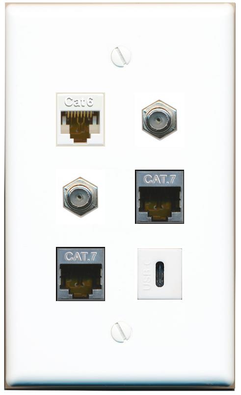 CAT6 2 CAT7 2 COAX USBC Flat/Solid Wall Plate [White]