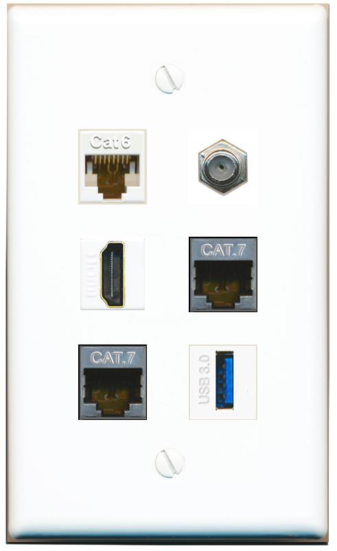  CAT6 2 CAT7 COAX HDMI USB-3 Flat/Solid Wall Plate [White]