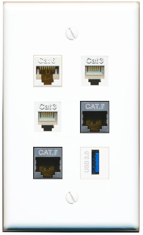  CAT6 2 CAT7 2 PHONE USB-3 Flat/Solid Wall Plate [White]