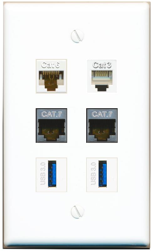  CAT6 2 CAT7 PHONE 2 USB-3 Flat/Solid Wall Plate [White]