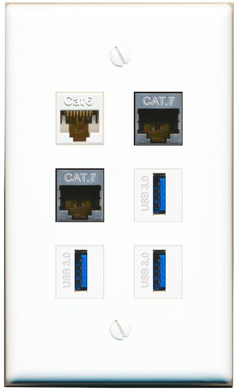  CAT6 2 CAT7 3 USB-3 Flat/Solid Wall Plate [White]