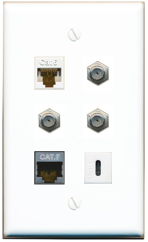 CAT6 CAT7 3 COAX USBC Flat/Solid Wall Plate [White]