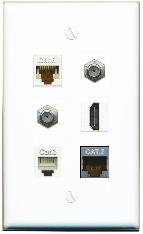  CAT6 CAT7 2 COAX HDMI PHONE Flat/Solid Wall Plate [White]