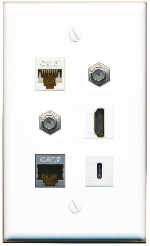  CAT6 CAT7 2 COAX HDMI USBC Flat/Solid Wall Plate [White]