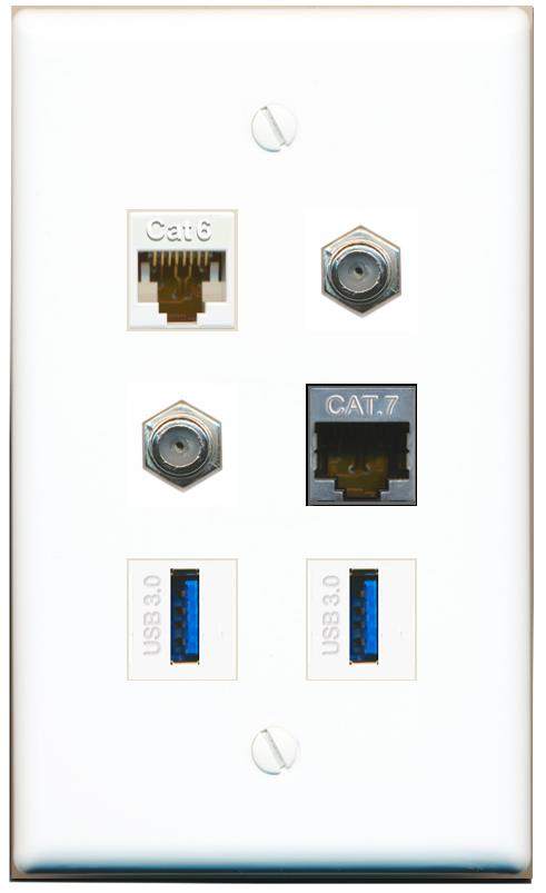  CAT6 CAT7 2 COAX 2 USB-3 Flat/Solid Wall Plate [White]
