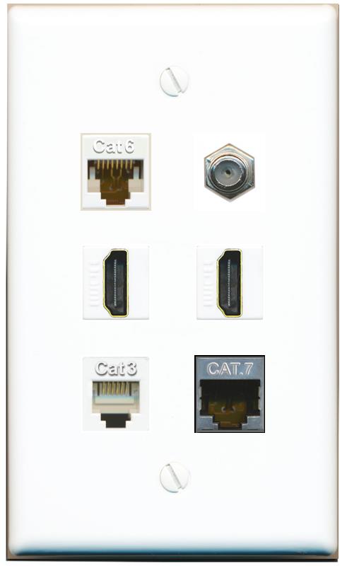  CAT6 CAT7 COAX 2 HDMI PHONE Flat/Solid Wall Plate [White]