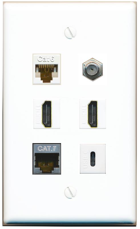  CAT6 CAT7 COAX 2 HDMI USBC Flat/Solid Wall Plate [White]