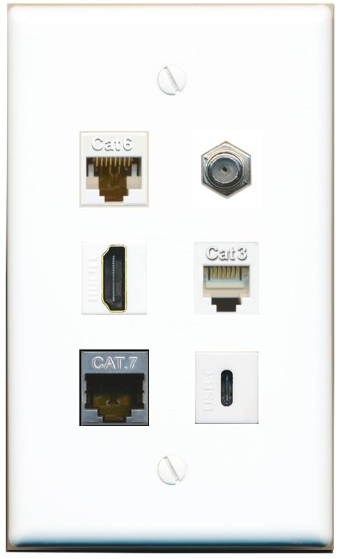  CAT6 CAT7 COAX HDMI PHONE USBC Flat/Solid Wall Plate [White]