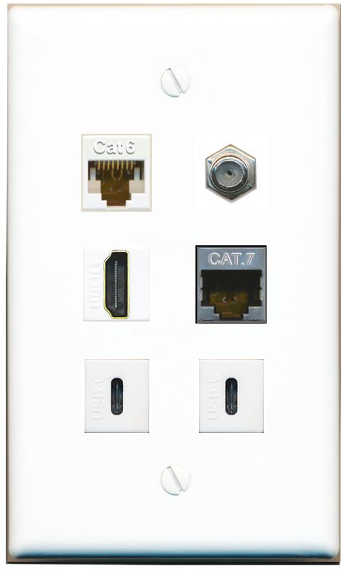  CAT6 CAT7 COAX HDMI 2 USBC Flat/Solid Wall Plate [White]