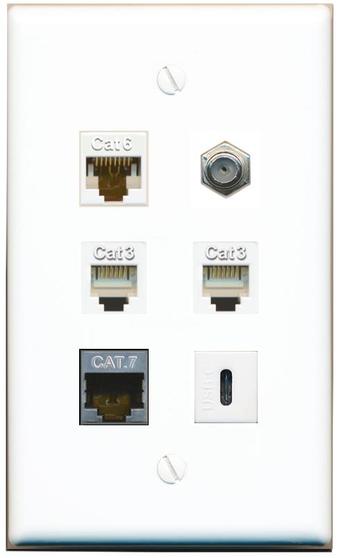  CAT6 CAT7 COAX 2 PHONE USBC Flat/Solid Wall Plate [White]