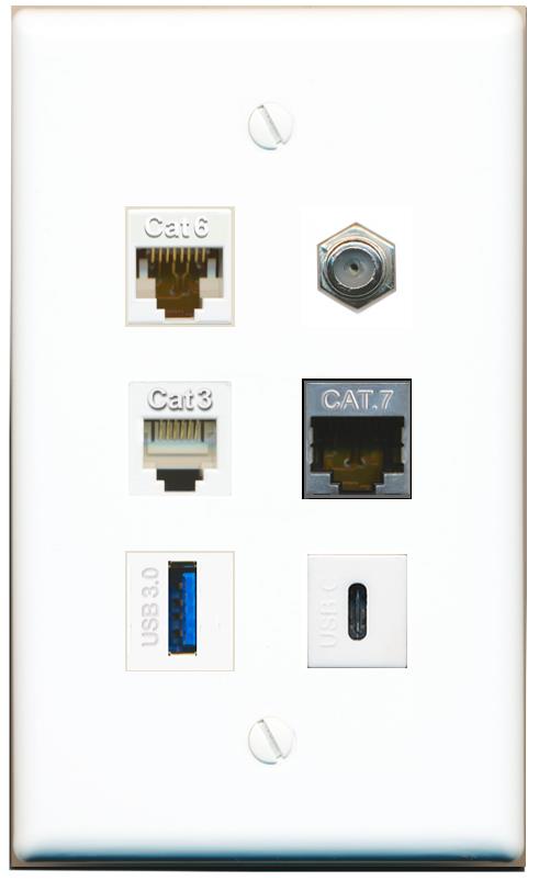  CAT6 CAT7 COAX PHONE USB-3 USBC Flat/Solid Wall Plate [White]