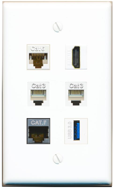  CAT6 CAT7 HDMI 2 PHONE USB-3 Flat/Solid Wall Plate [White]
