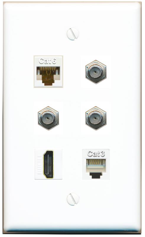  CAT6 3 COAX HDMI PHONE Flat/Solid Wall Plate [White]