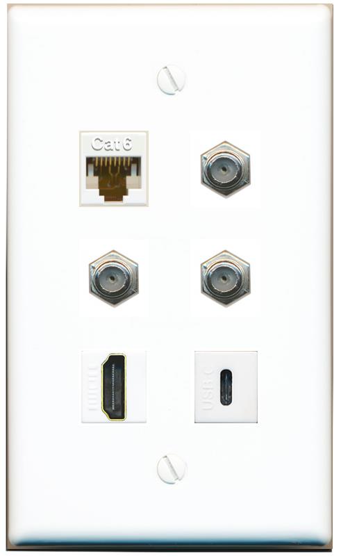  CAT6 3 COAX HDMI USBC Flat/Solid Wall Plate [White]