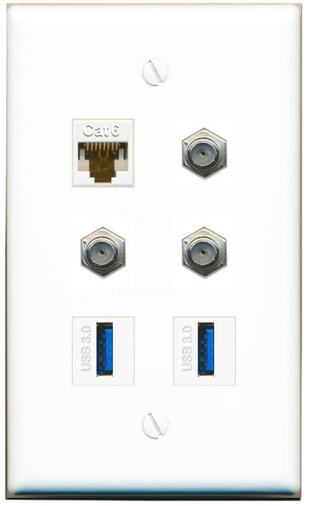  CAT6 3 COAX 2 USB-3 Flat/Solid Wall Plate [White]
