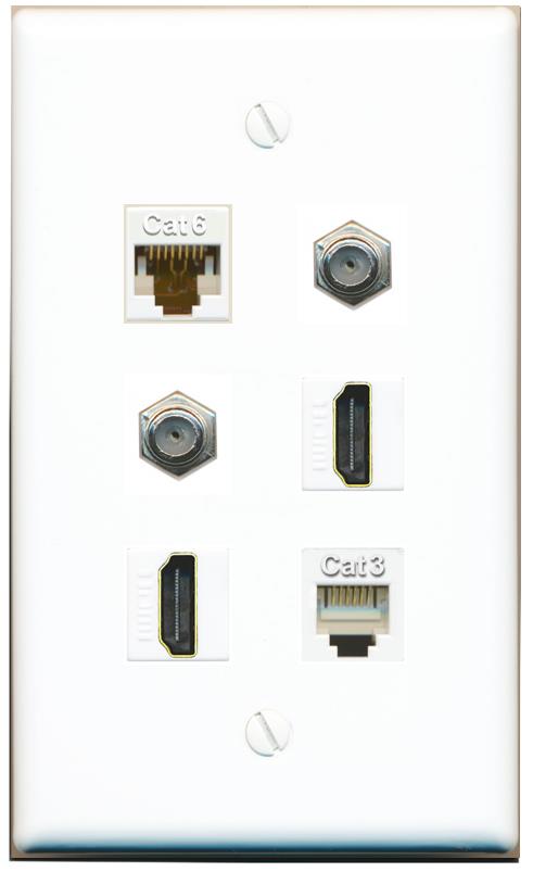  CAT6 2 COAX 2 HDMI PHONE Flat/Solid Wall Plate [White]