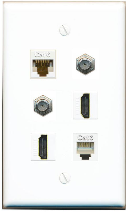  CAT6 2 COAX 2 HDMI PHONE Flat/Solid Wall Plate [White]